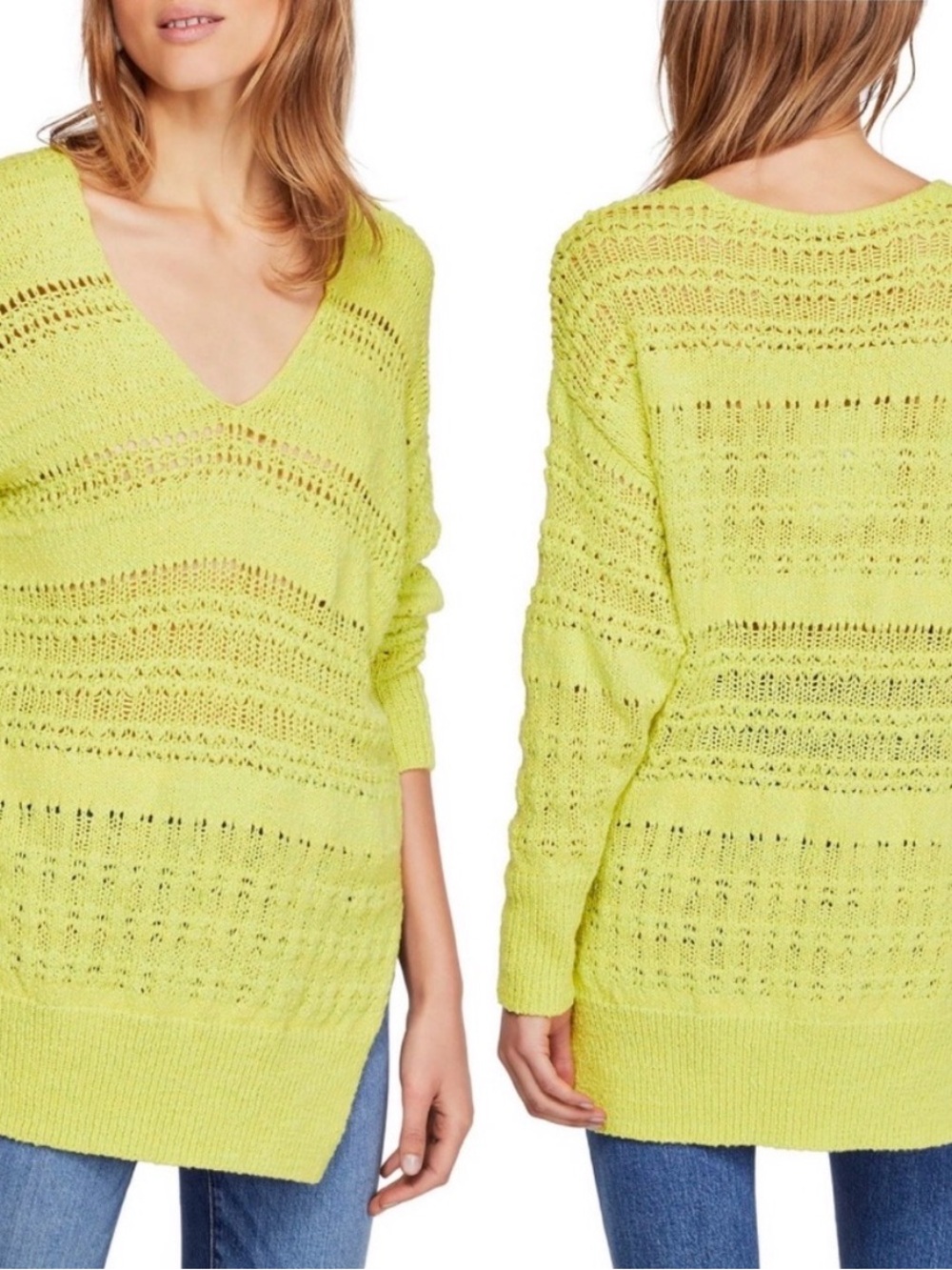 Oversized long Free People Neon Lime Open-Knit V-Neck Sweater